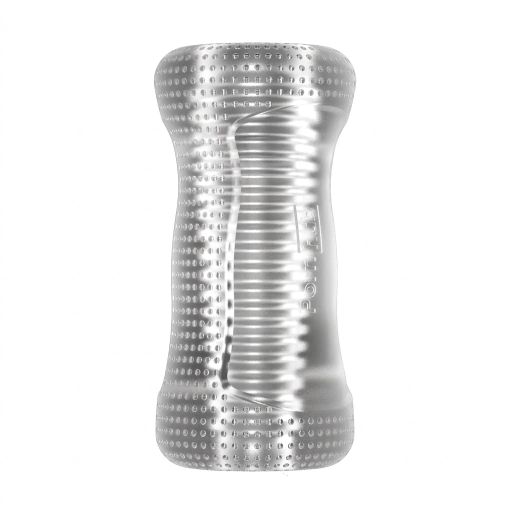 Stealth Stroker, transparent flexible body-safe material with an intensely ribbed inner tunnel, studio close-up