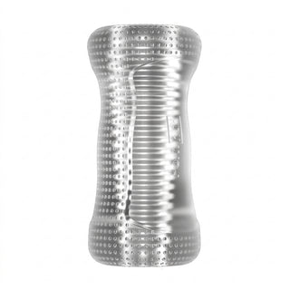 Stealth Stroker, transparent flexible body-safe material with an intensely ribbed inner tunnel, studio close-up
