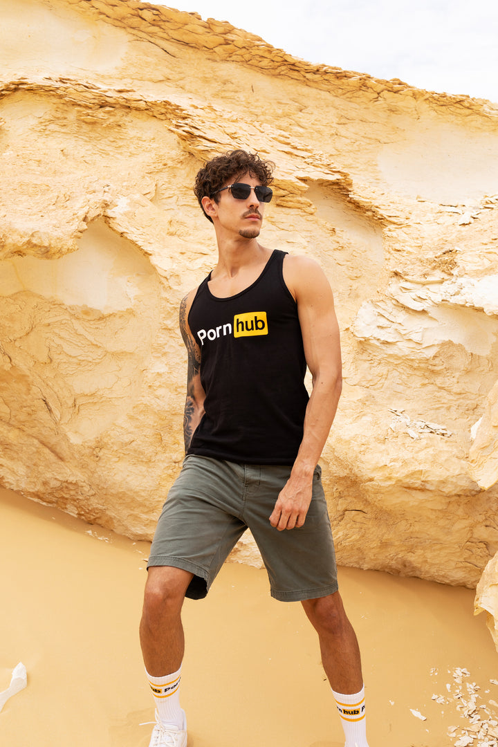 Black Logo Tank Top: Woman wearing a